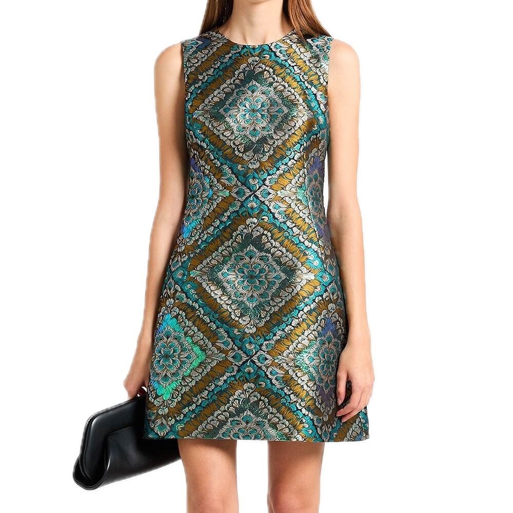 DOLCE & GABBANA Green Metallic  Jacquard Sleeveless Mini Dress 38 XS